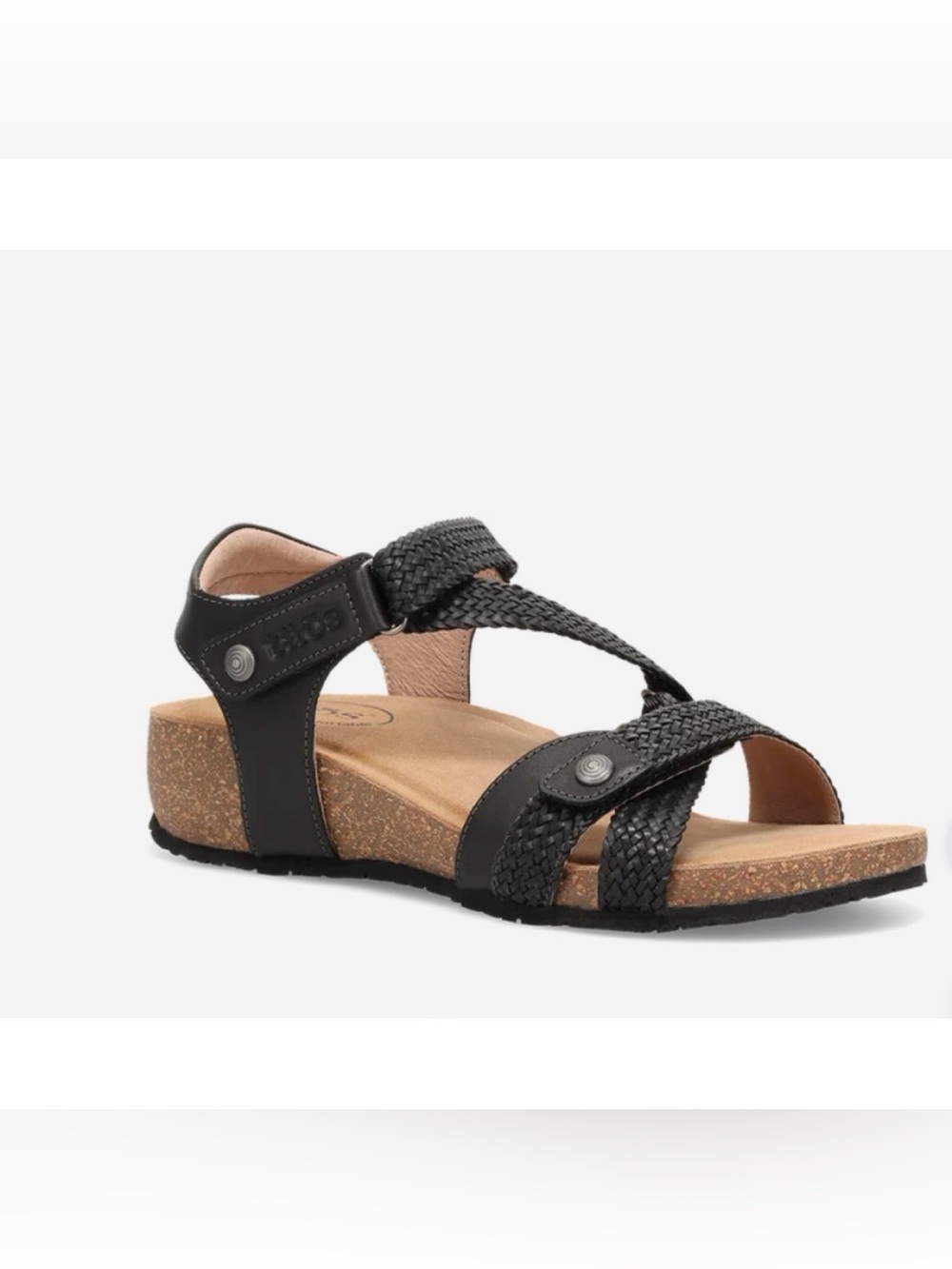 TAOS Trulie Sz 39 Black Cork Wedge  Braided Sandal Leather velcro strap